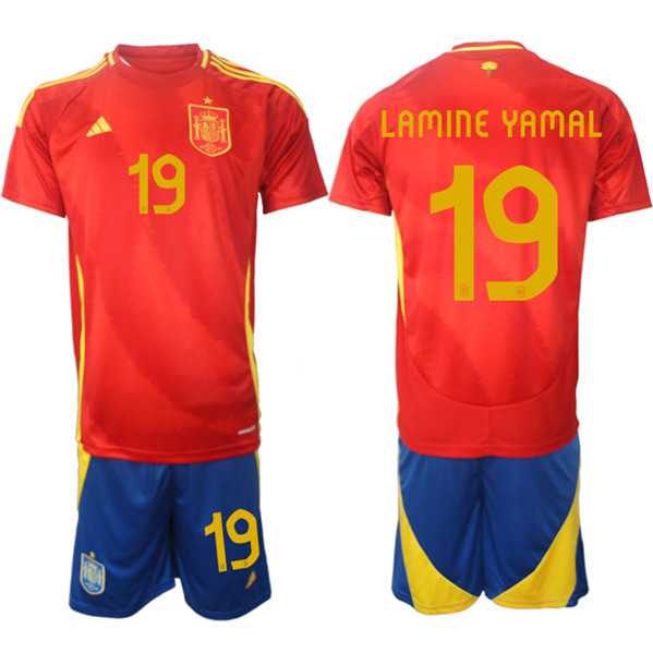 Men's Spain Team #19 Lamine Yamal 2024-25 Red Home Soccer Jersey Suit,We sell and wholesale Men's Spain Team #19 Lamine Yamal 2024-25 Red Home Soccer Jersey Suit on line form chian!